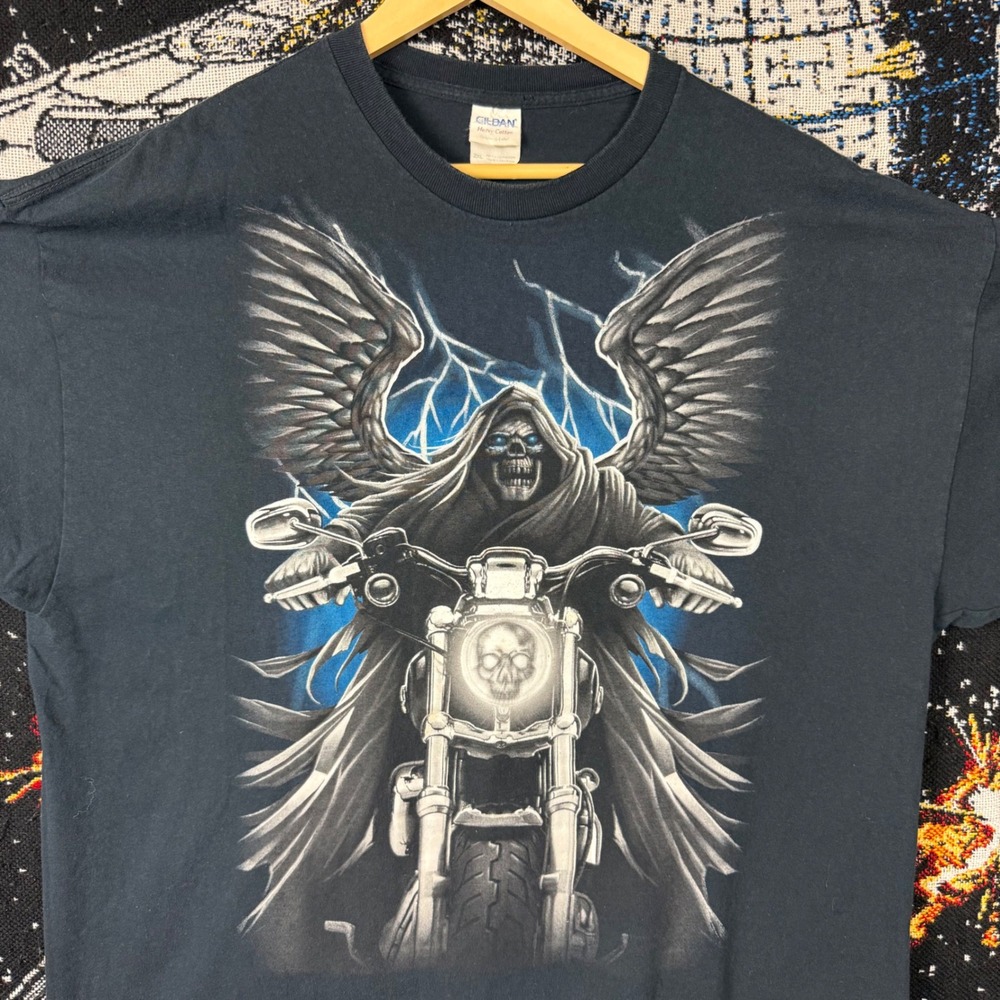 Gildan Heavy Cotton Grim Reaper Biker Motorcycle Graphic T-Shirt Black 2XL